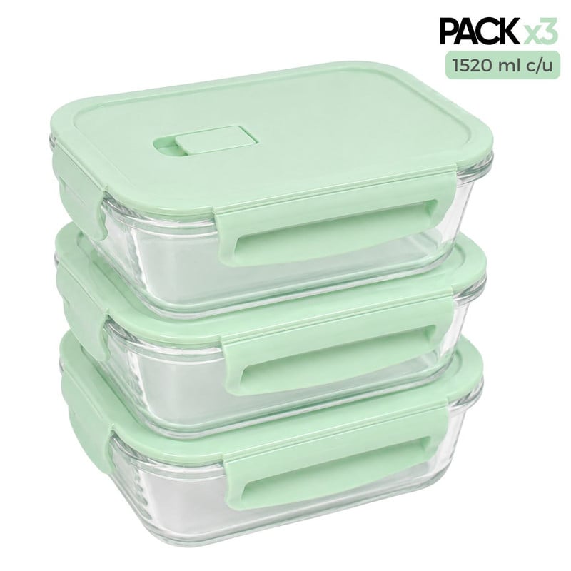 SET 3 TAPER DE VIDRIO 1520ML HERMÉTICOS PARA COCINA PRÁCTICA JADE - 1