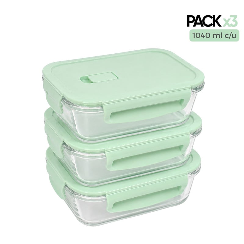 TAPER DE VIDRIO 1040ML HERMÉTICO Y PRÁCTICO 3 UNIDADES JADE - 1