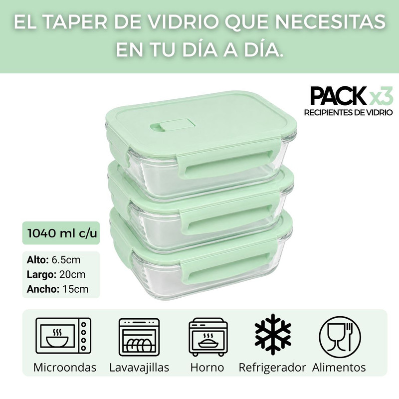 TAPER DE VIDRIO 1040ML HERMÉTICO Y PRÁCTICO 3 UNIDADES JADE - 3