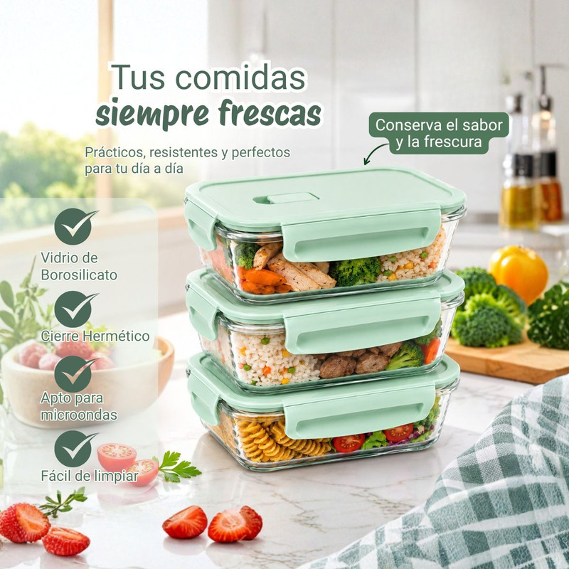 TAPER DE VIDRIO 1040ML HERMÉTICO Y PRÁCTICO 3 UNIDADES JADE - 4