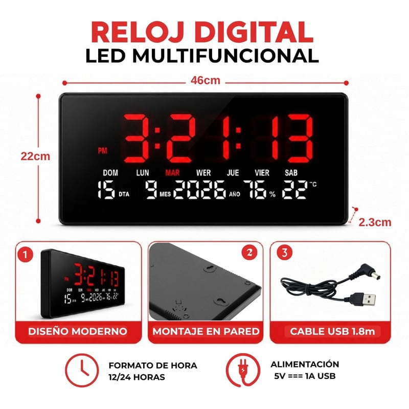RELOJ LED DIGITAL DE PARED CON HORA, FECHA Y TEMPERATURA ROJO - 2
