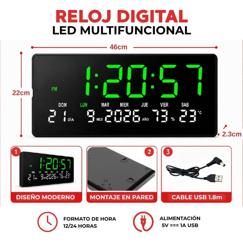 RELOJ LED DIGITAL DE PARED CON HORA, FECHA Y TEMPERATURA VERDE - 2