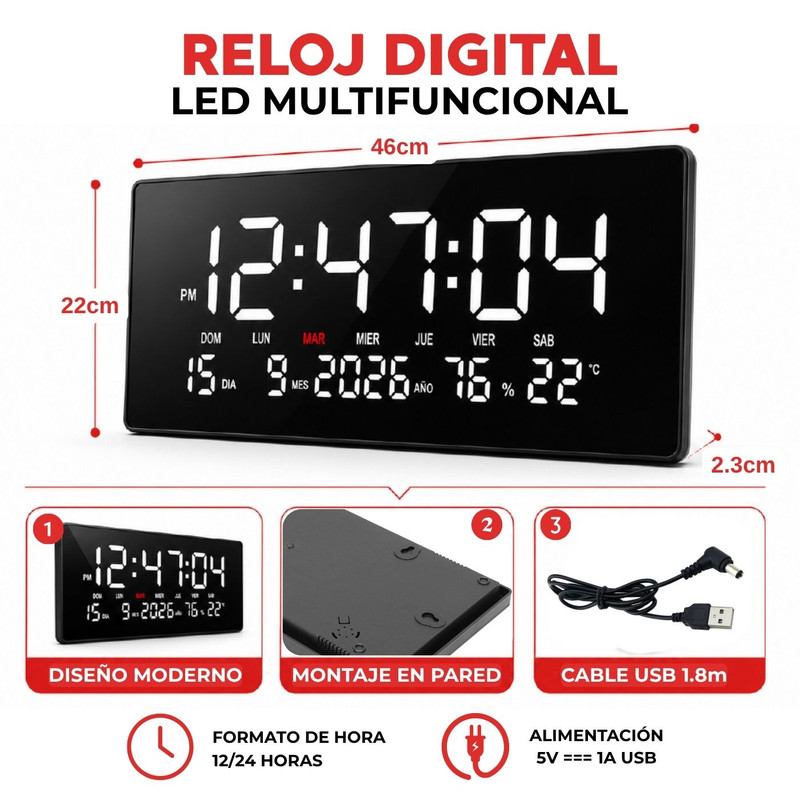 RELOJ LED DIGITAL DE PARED CON HORA, FECHA Y TEMPERATURA BLANCO - 2