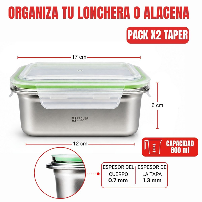 SET DE 2 TAPER 800ML FACUSA CON CIERRE HERMÉTICO - 2