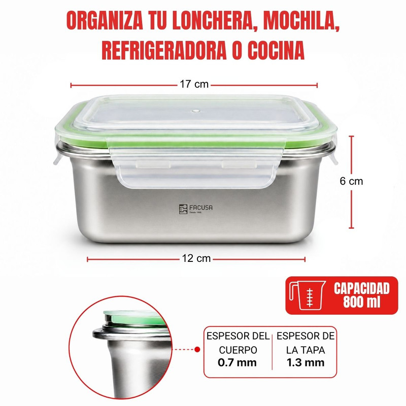 TAPER HERMÉTICO 800 ML FACUSA DE ACERO INOXIDABLE - 2