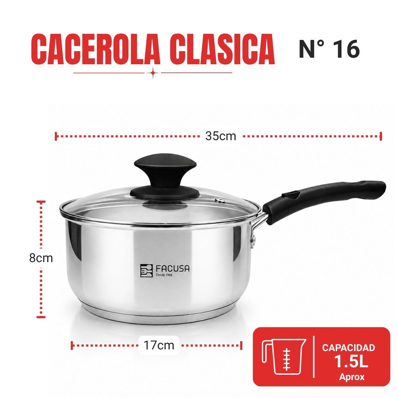 CACEROLA 16CM FACUSA DE ACERO CON TAPA DE VIDRIO - 2