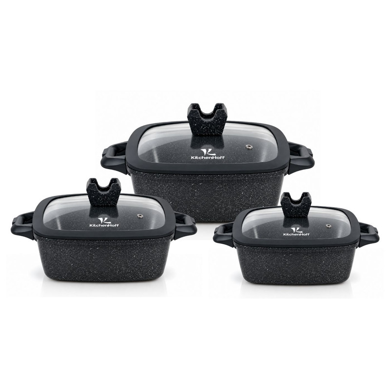 JUEGO DE OLLAS DE ROCA VOLCÁNICA KITCHENHOFF PARA COCINA DIARIA - NEGRO - 1