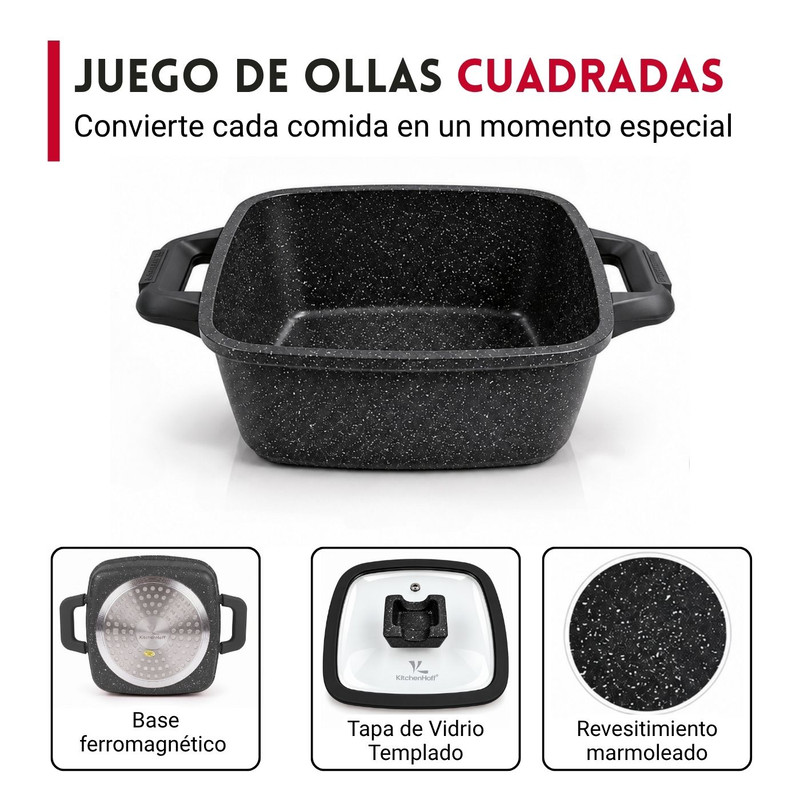 JUEGO DE OLLAS DE ROCA VOLCÁNICA KITCHENHOFF PARA COCINA DIARIA - NEGRO - 3