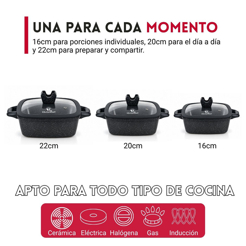 JUEGO DE OLLAS DE ROCA VOLCÁNICA KITCHENHOFF PARA COCINA DIARIA - NEGRO - 4