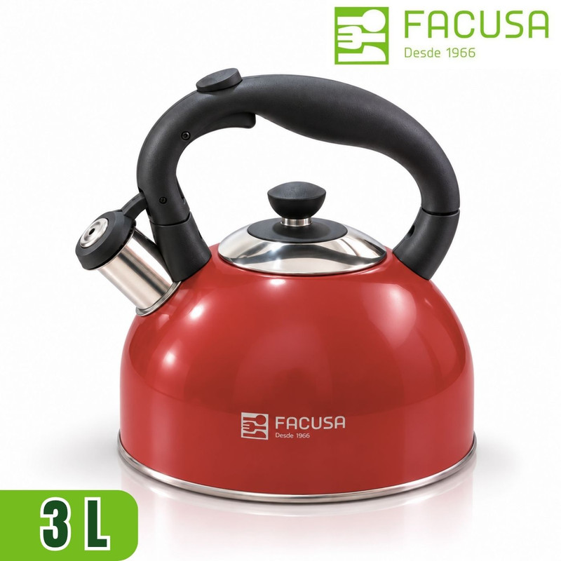 TETERA DE 3L FACUSA DE ACERO INOXIDABLE Y PICO SILBADOR ROJO - 1