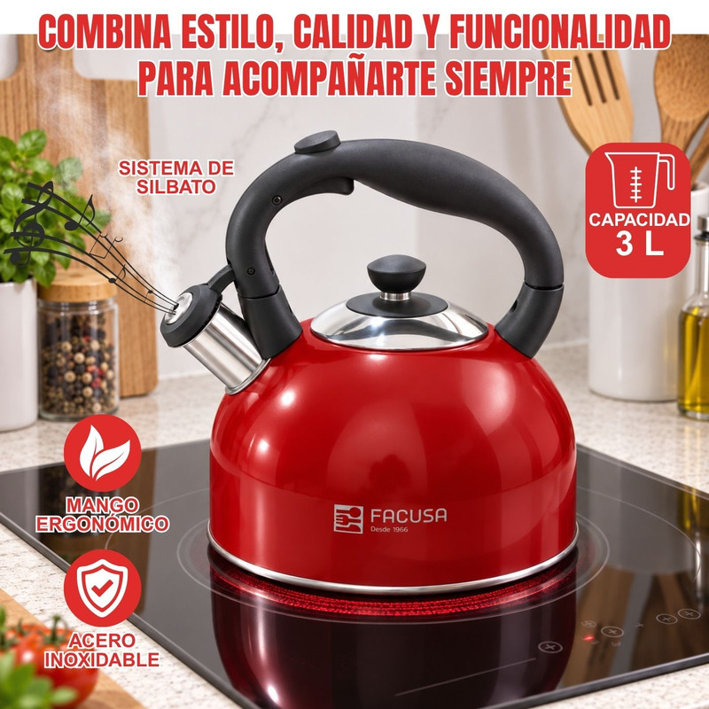 TETERA DE 3L FACUSA DE ACERO INOXIDABLE Y PICO SILBADOR ROJO - 2