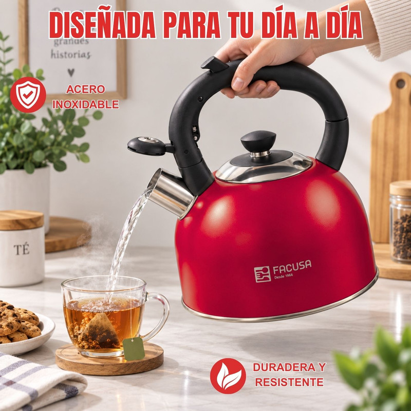 TETERA DE 3L FACUSA DE ACERO INOXIDABLE Y PICO SILBADOR ROJO - 3