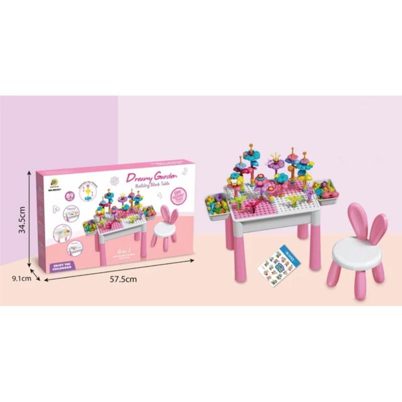 MESA DE BLOQUES DE CONSTRUCCIÓN CON SILLA DE CONEJITO PARA NIÑAS - 89 PCS - 1