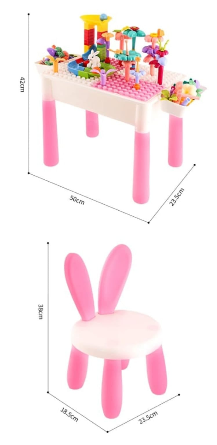 MESA DE BLOQUES DE CONSTRUCCIÓN CON SILLA DE CONEJITO PARA NIÑAS - 89 PCS - 2