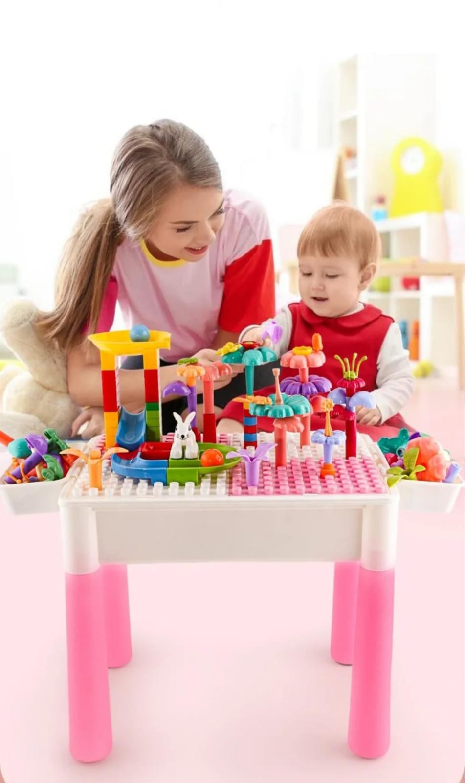 MESA DE BLOQUES DE CONSTRUCCIÓN CON SILLA DE CONEJITO PARA NIÑAS - 89 PCS - 3