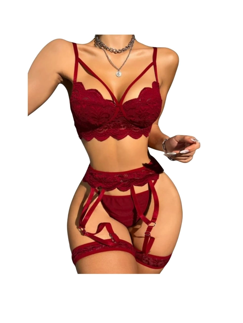 CONJUNTO DE LENCERÍA “RUBY DESIRE”  ENCAJE Y LIGUERO AJUSTABLE - 1