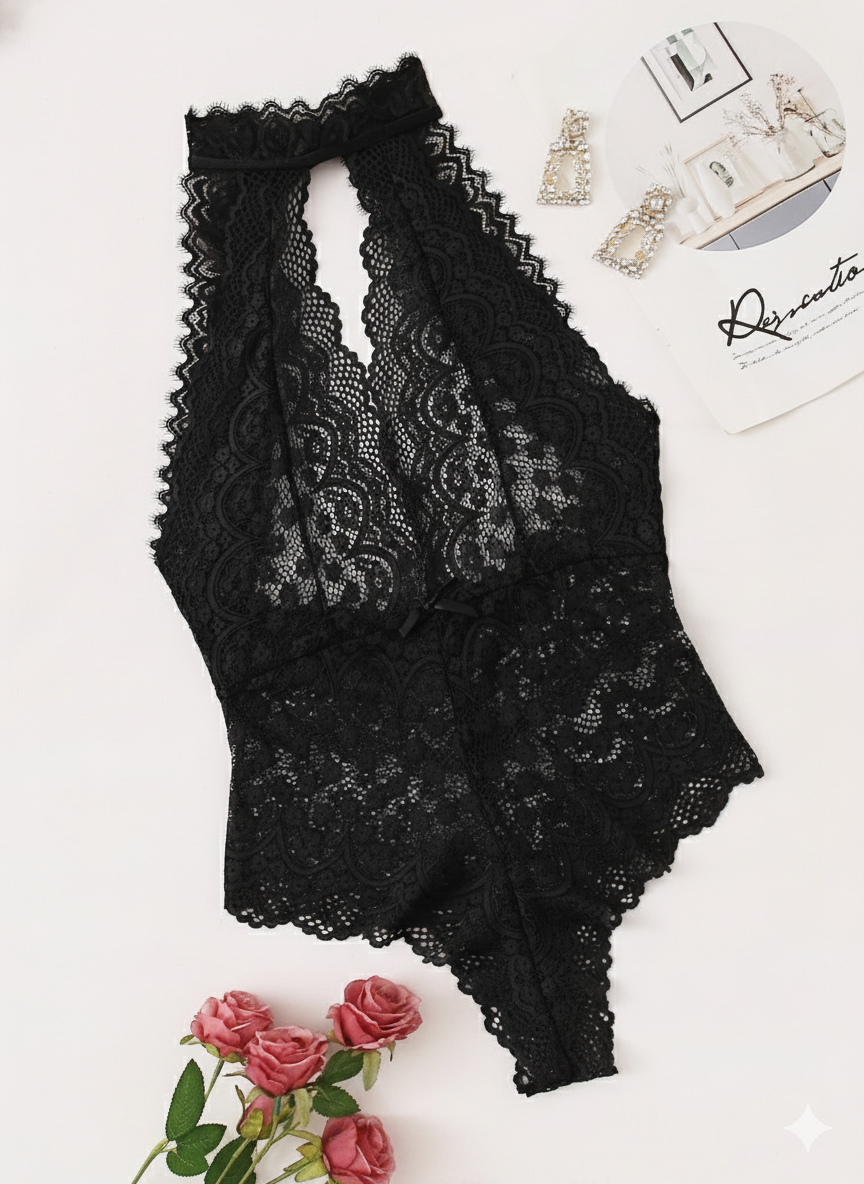 BODY DE ENCAJE “NOIR ELEGANCE”  LENCERÍA HALTER CON DISEÑO ESCOTADO - 1