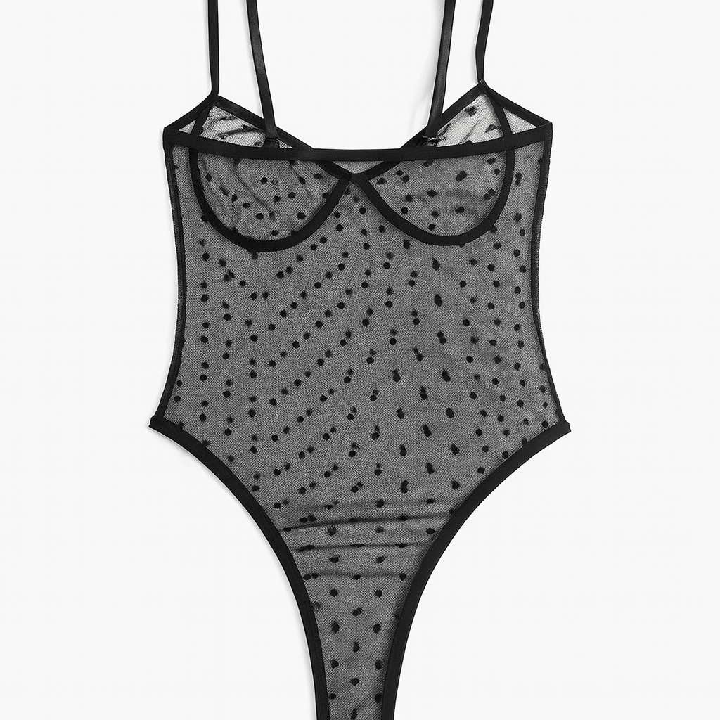 BODY DE MALLA “MIDNIGHT DOTS”  TRANSPARENTE NEGRO CON DISEÑO DE LUNARES Y VARILLA DECORATIVA - 1