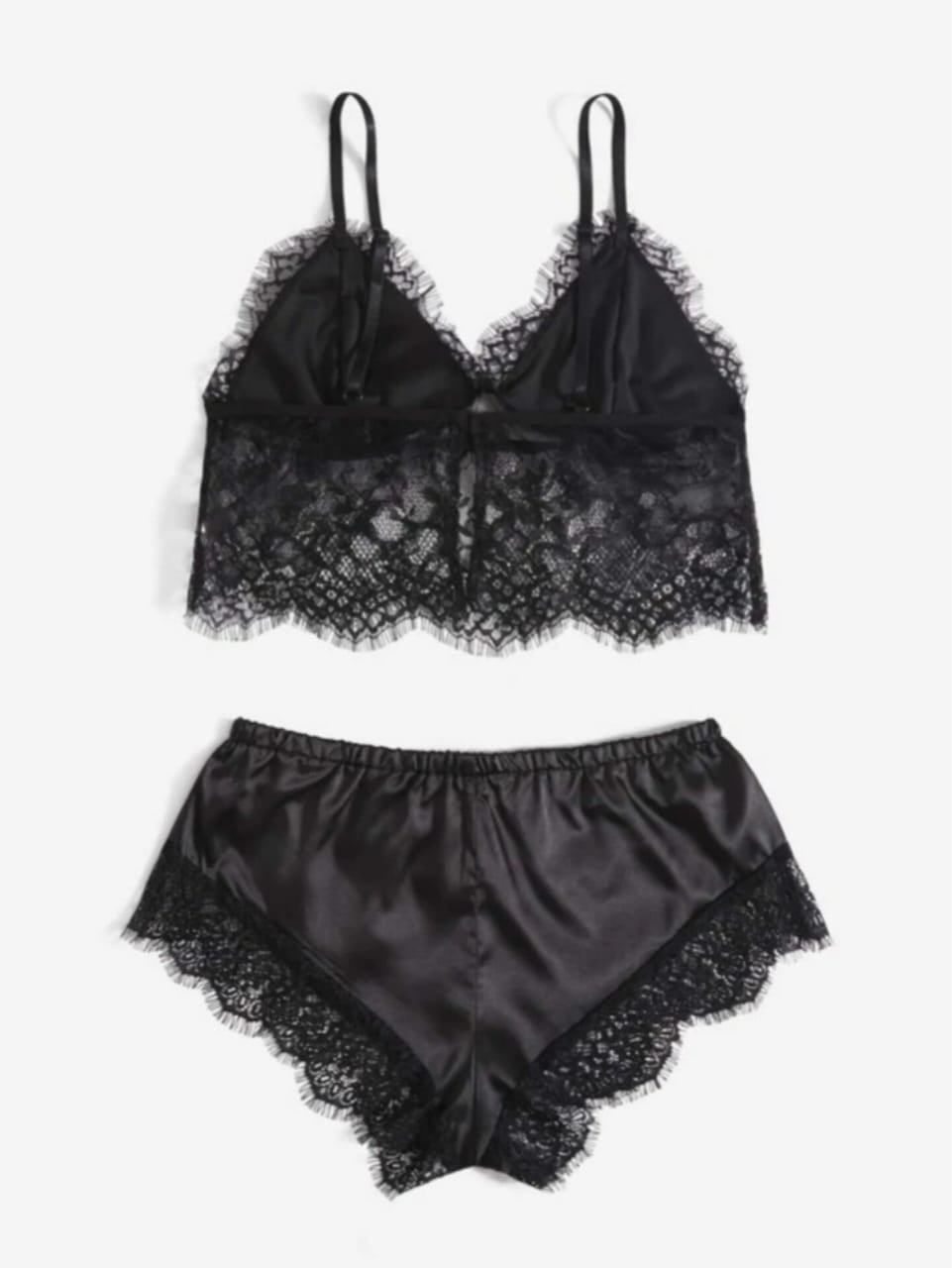 PIJAMA DE SATÉN “NOIR DREAMS”  CONJUNTO DE ENCAJE Y TELA SATINADA - 1