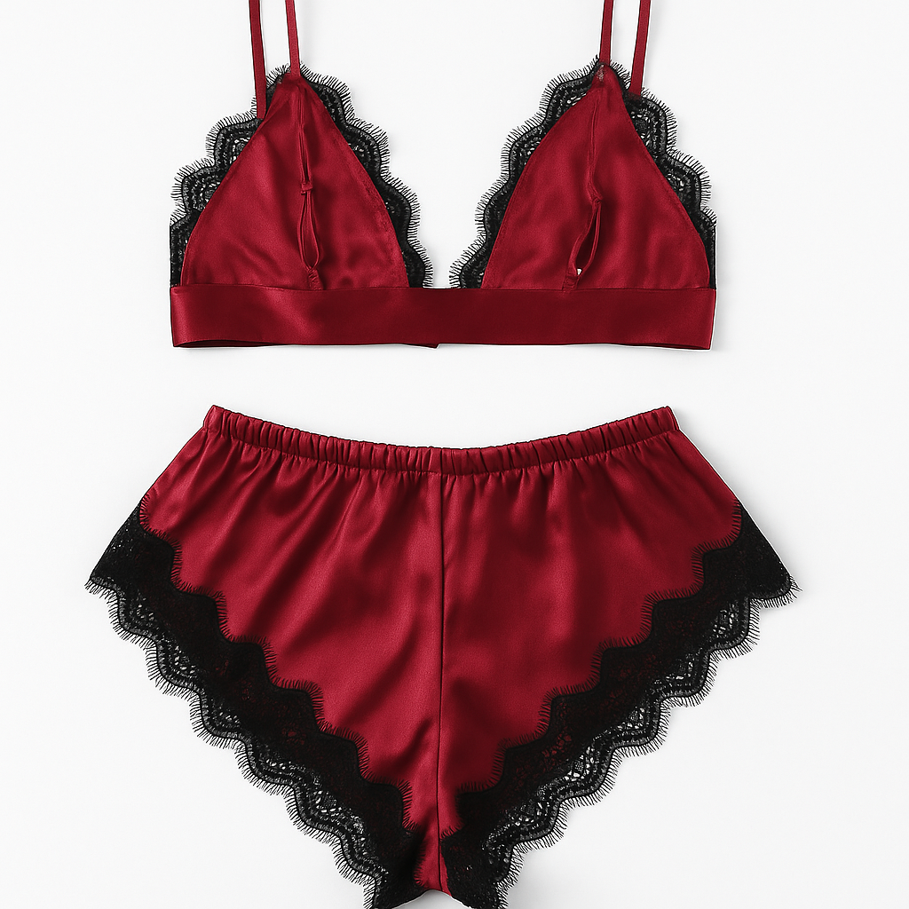 PIJAMA SATINADO “VELVET ROUGE”  CONJUNTO DE SATÉN Y ENCAJE NEGRO TALLA S - 1