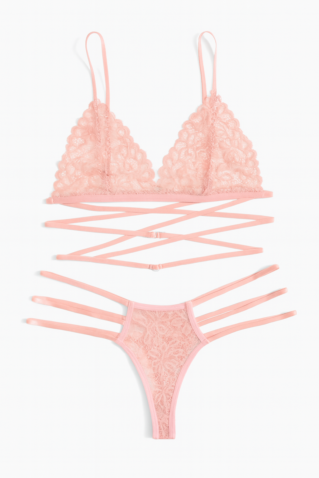 CONJUNTO DE LENCERÍA “BLUSH BLOOM” ENCAJE FLORAL Y CINTAS CRUZADAS - 1