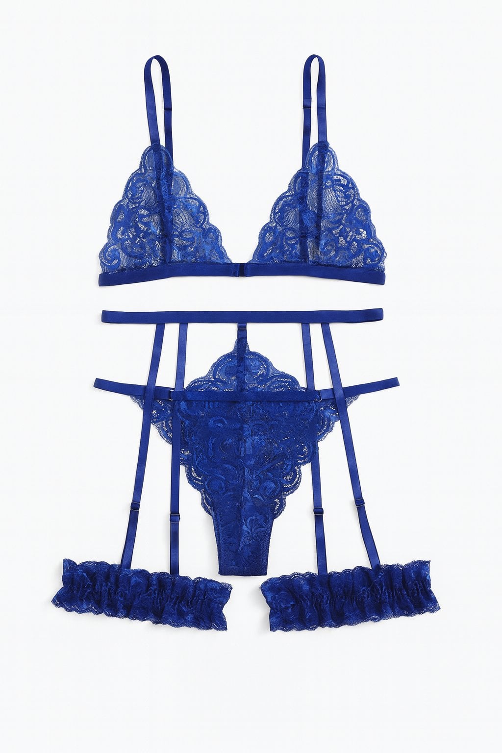 CONJUNTO DE LENCERÍA “ROYAL DESIRE” ENCAJE AZUL CON LIGUERO Y DETALLES AJUSTABLES - 1
