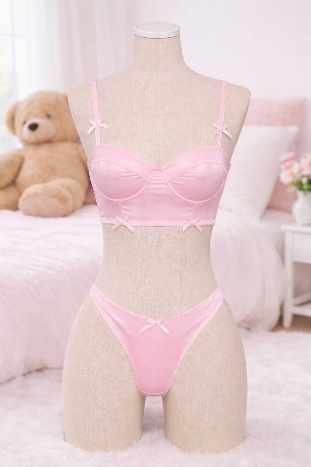 CONJUNTO DE LENCERÍA “PINK ROMANCE”  SATÉN CON LAZOS DECORATIVOS - 1