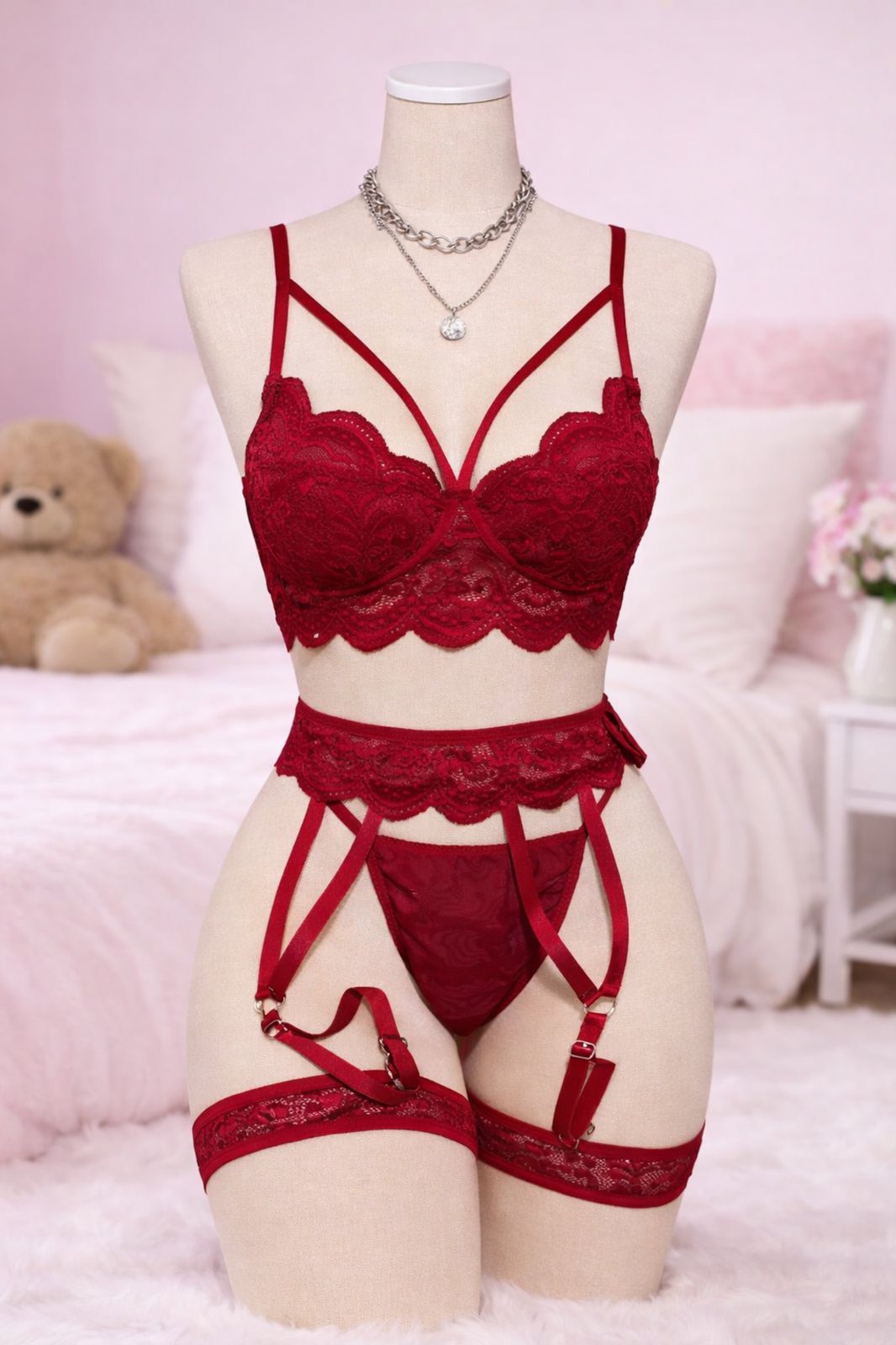 CONJUNTO DE LENCERÍA “RUBY DESIRE”  ENCAJE Y LIGUERO AJUSTABLE - 1