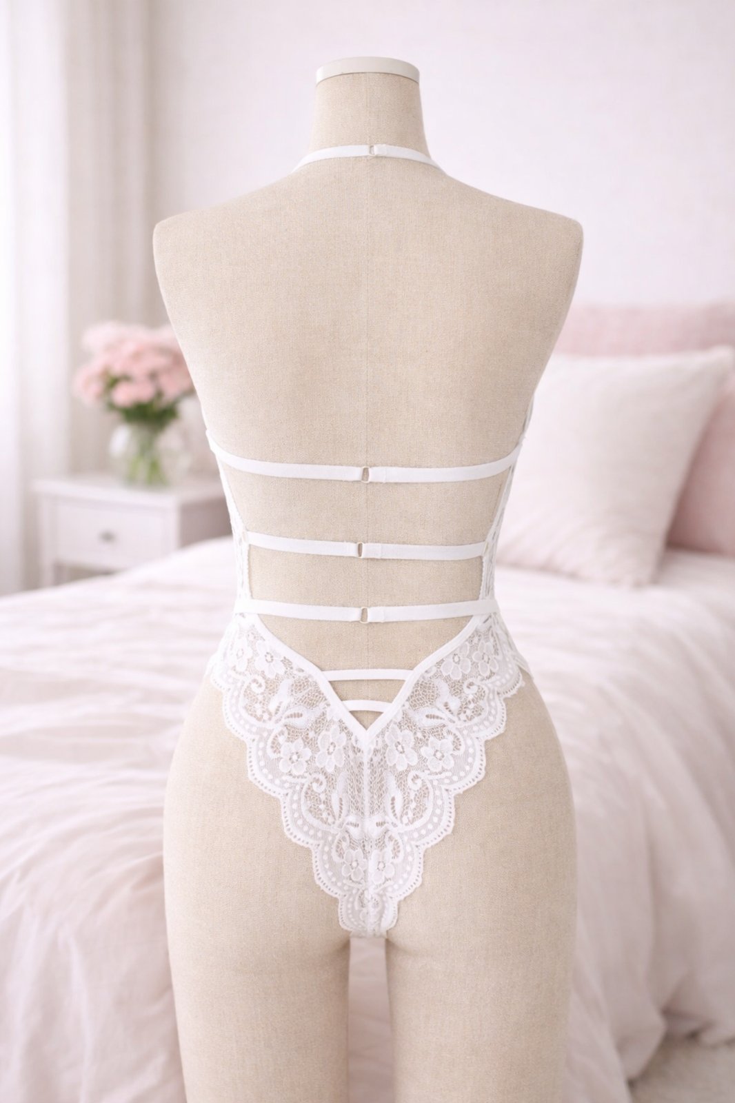 BODY DE ENCAJE “PURE DESIRE”  BLANCO HALTER CON ESPALDA DESCUBIERTA Y DETALLES FLORALES - 2