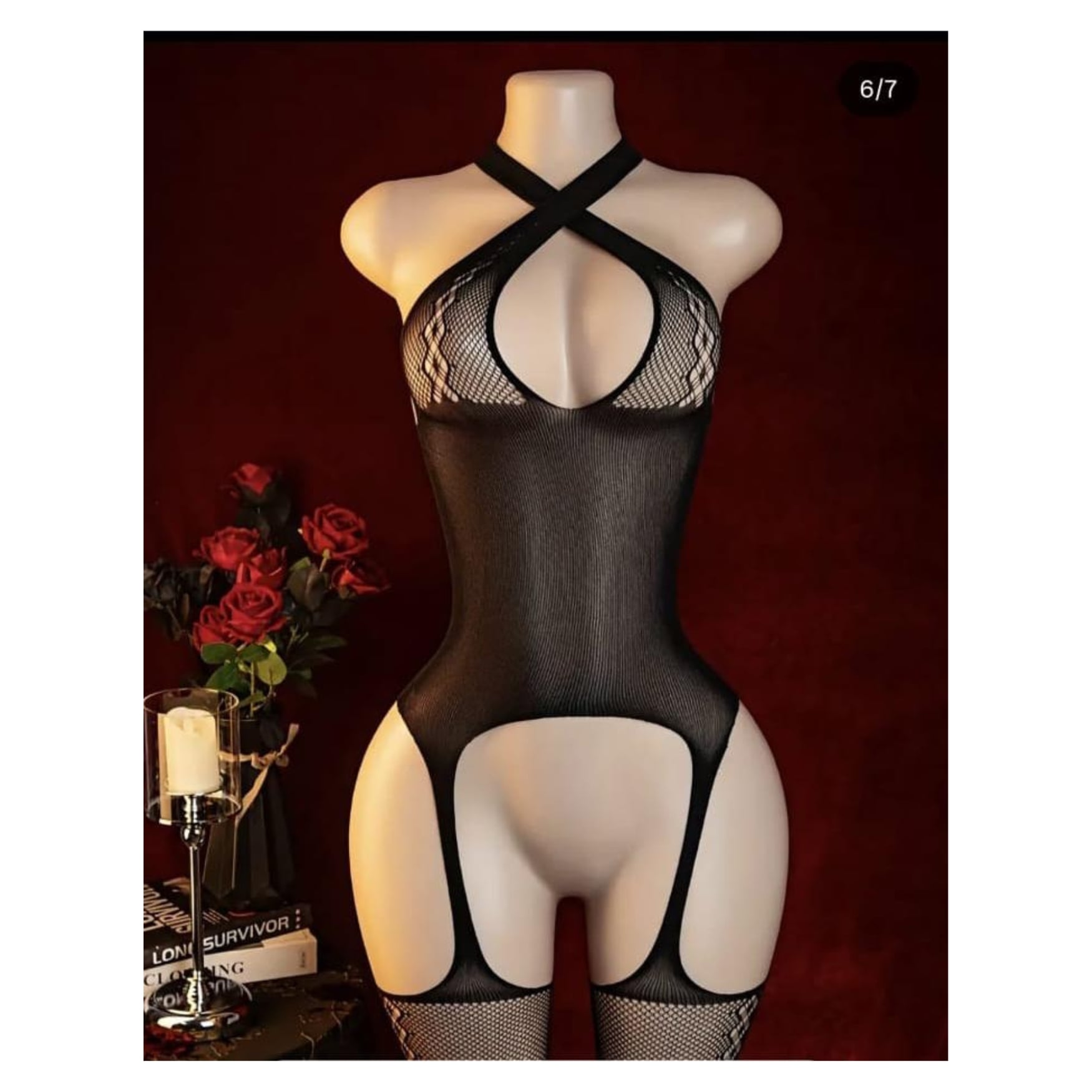 BODY LENCERÍA “NOIR ELEGANCE FIT” DE MALLA CON DISEÑO HALTER Y CORTE ABIERTO - 1
