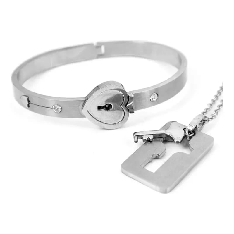 COLLAR DIJE LLAVE DEL AMOR ACERO INOXIDABLE PLATEADO CON PULSERA CORAZÓN - 2
