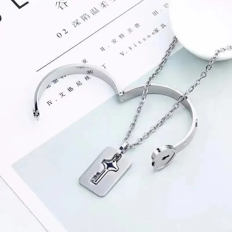 COLLAR DIJE LLAVE DEL AMOR ACERO INOXIDABLE PLATEADO CON PULSERA CORAZÓN - 3