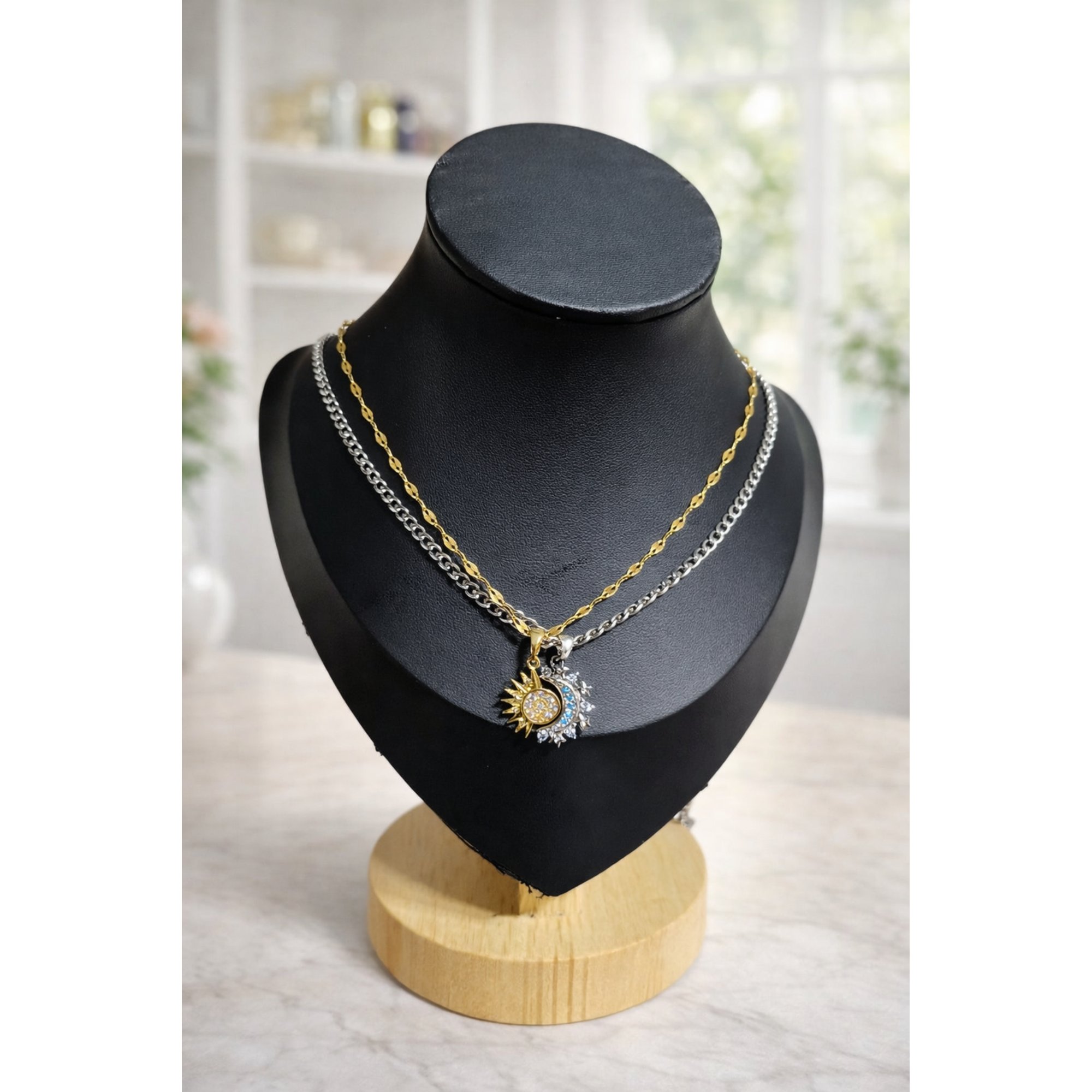 COLLAR DÚO ECLIPSE DIVINO - FUSIÓN DORADO Y PLATA CON ZIRCÓN CELESTE - 2