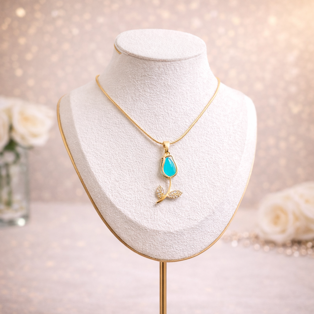 COLLAR TULIPÁN CELESTE EN ACERO INOXIDABLE CON CRISTALES - 2