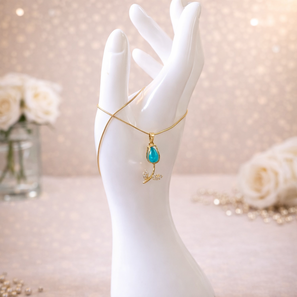COLLAR TULIPÁN CELESTE EN ACERO INOXIDABLE CON CRISTALES - 5