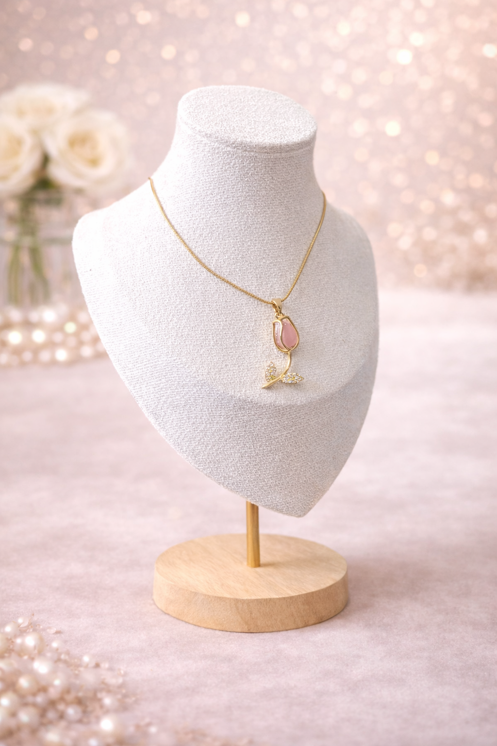 COLLAR TULIPÁN ROSADO EN ACERO INOXIDABLE CON CRISTALES - 2