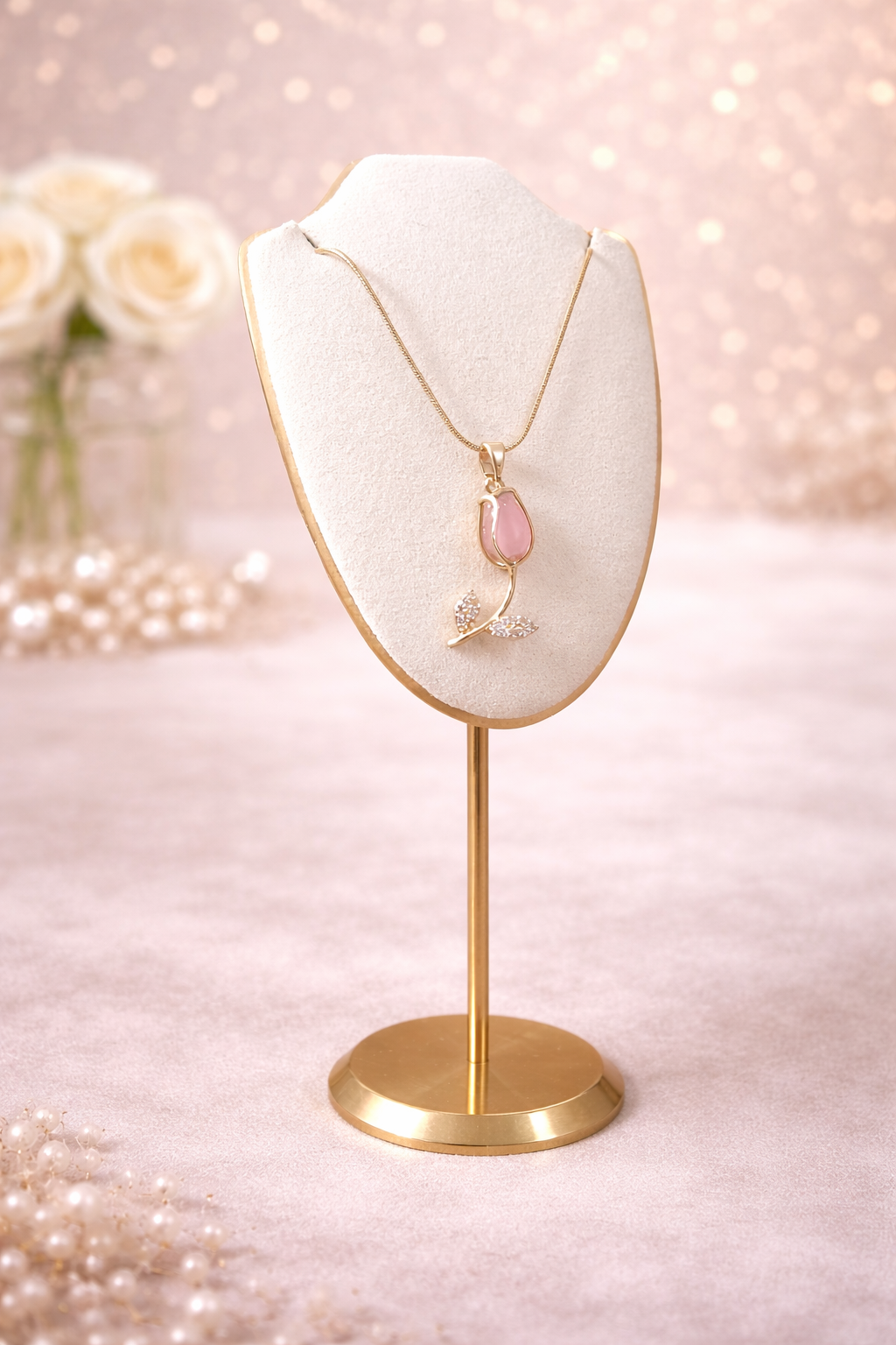 COLLAR TULIPÁN ROSADO EN ACERO INOXIDABLE CON CRISTALES - 3