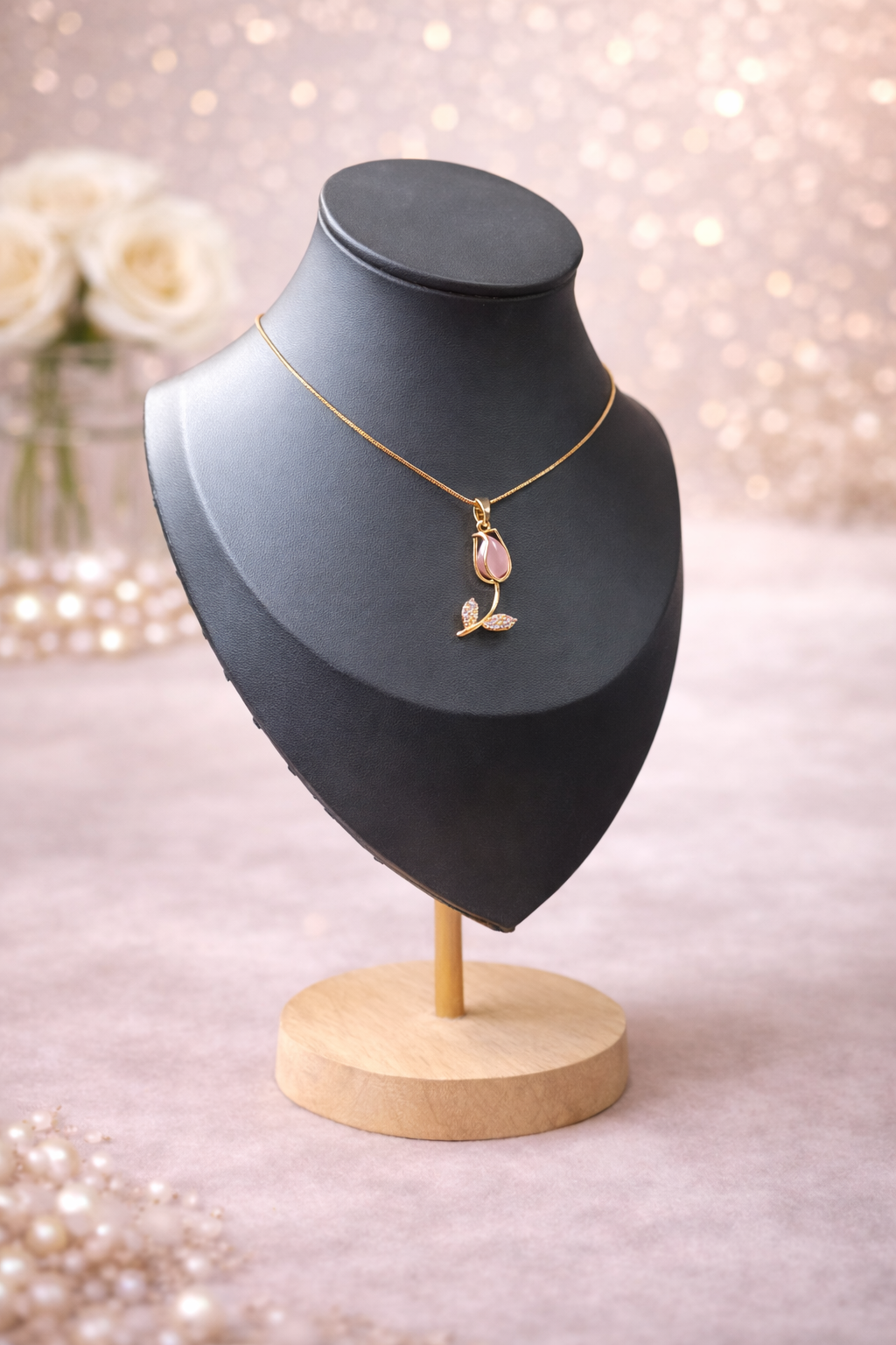 COLLAR TULIPÁN ROSADO EN ACERO INOXIDABLE CON CRISTALES - 4