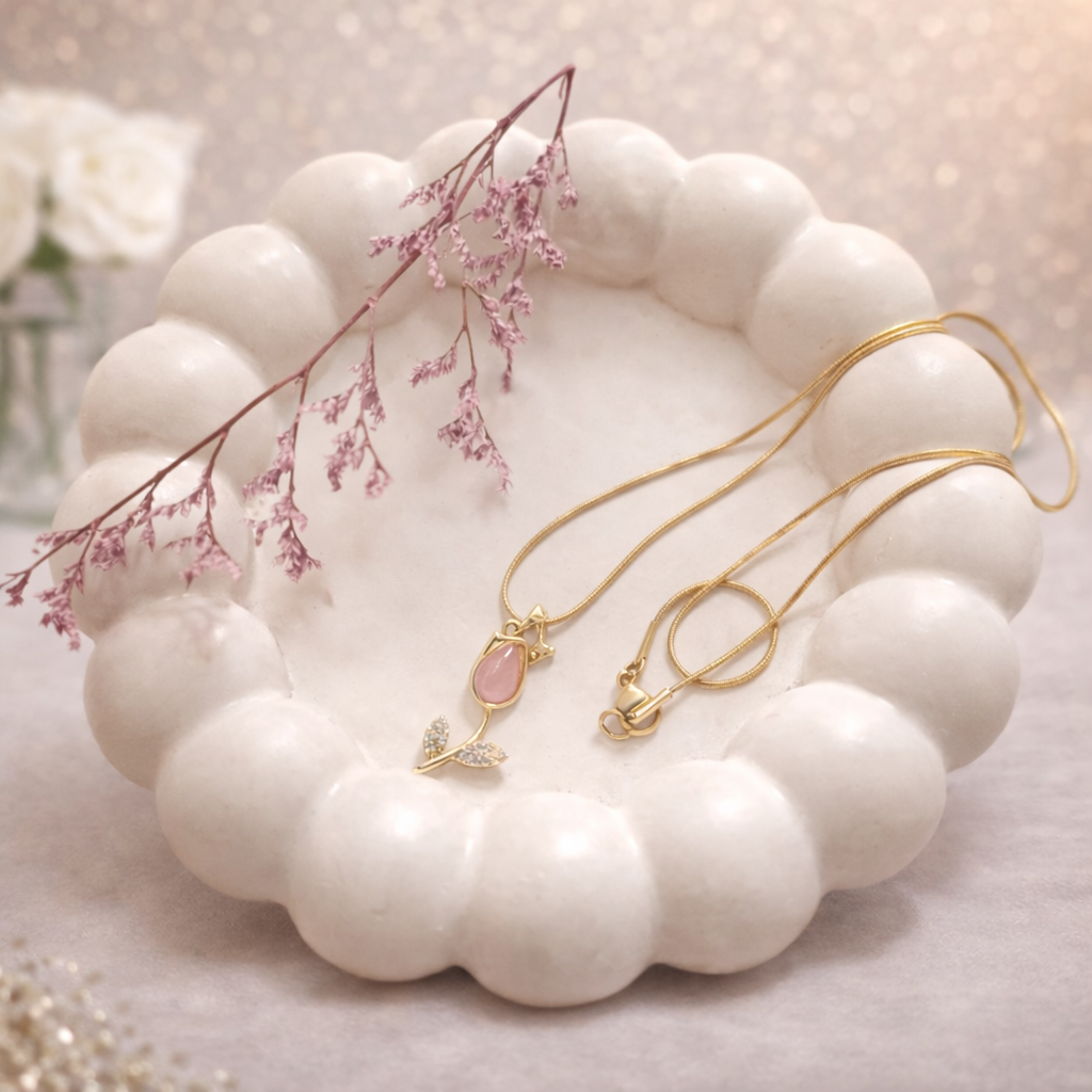 COLLAR TULIPÁN ROSADO EN ACERO INOXIDABLE CON CRISTALES - 5