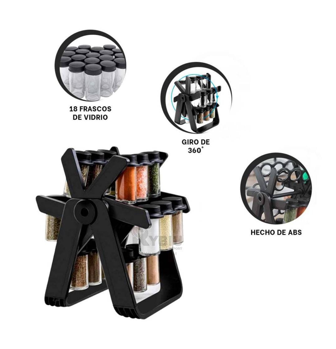 CONDIMENTERO DE ESPECIAS GIRATORIO 360° CON 18 FRASCOS – RACK COCINA PREMIUM NEGRO - 2