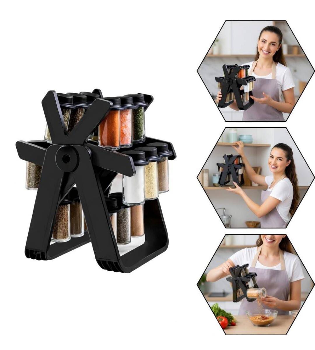 CONDIMENTERO DE ESPECIAS GIRATORIO 360° CON 18 FRASCOS – RACK COCINA PREMIUM NEGRO - 3