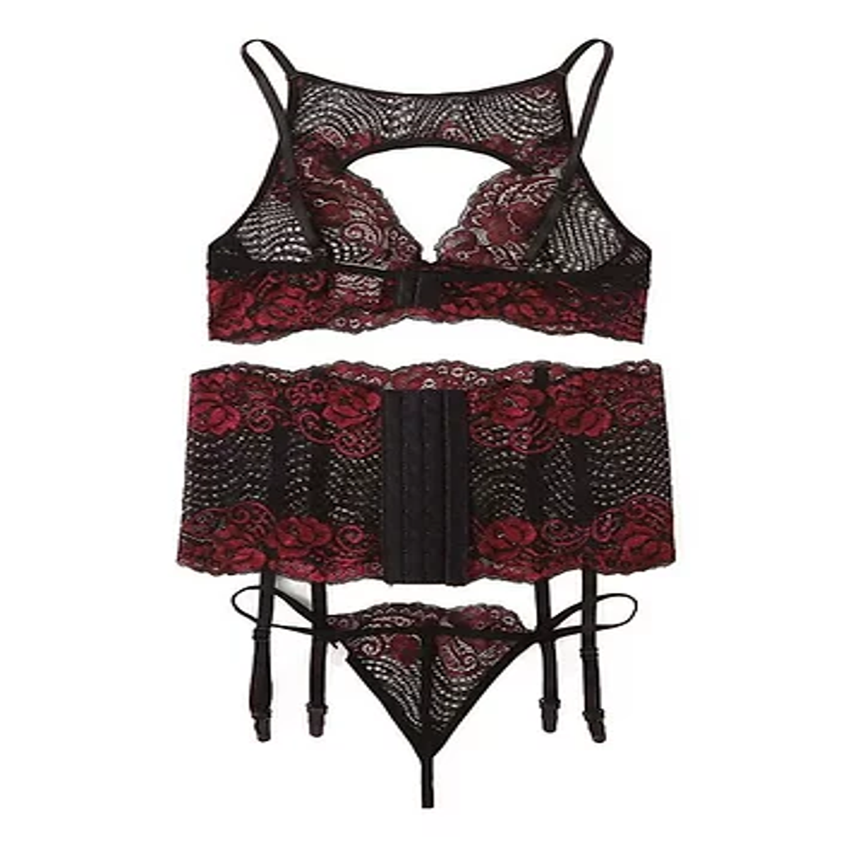 CONJUNTO DE LENCERÍA “DARK ROSE SEDUCTION”  ENCAJE NEGRO CON DETALLES ROJOS - 1