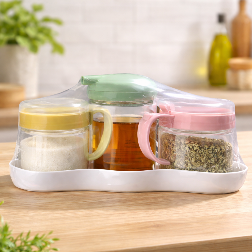 SET DE FRASCOS CONDIMENTEROS CON BASE Y DISPENSADOR ANTIGOTEO 3 PIEZAS COCINA MODERNA - 1