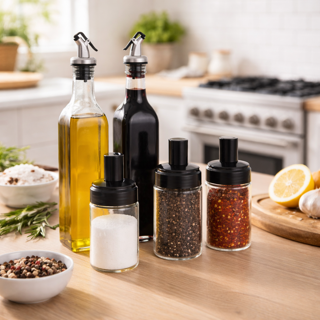 SET DISPENSADOR DE ACEITE, VINAGRE Y ESPECIAS CON FRASCOS HERMÉTICOS  COCINA PREMIUM - 1
