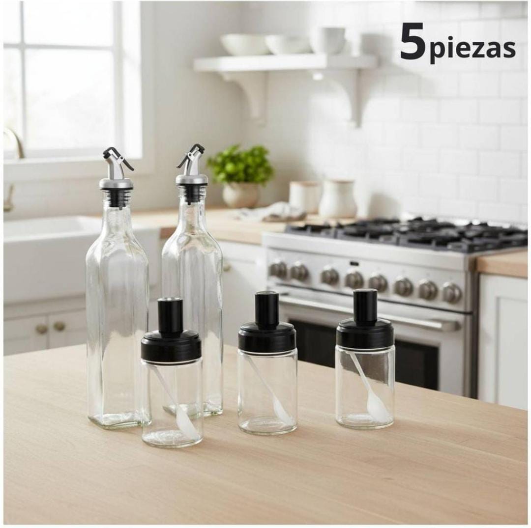 SET DISPENSADOR DE ACEITE, VINAGRE Y ESPECIAS CON FRASCOS HERMÉTICOS  COCINA PREMIUM - 2