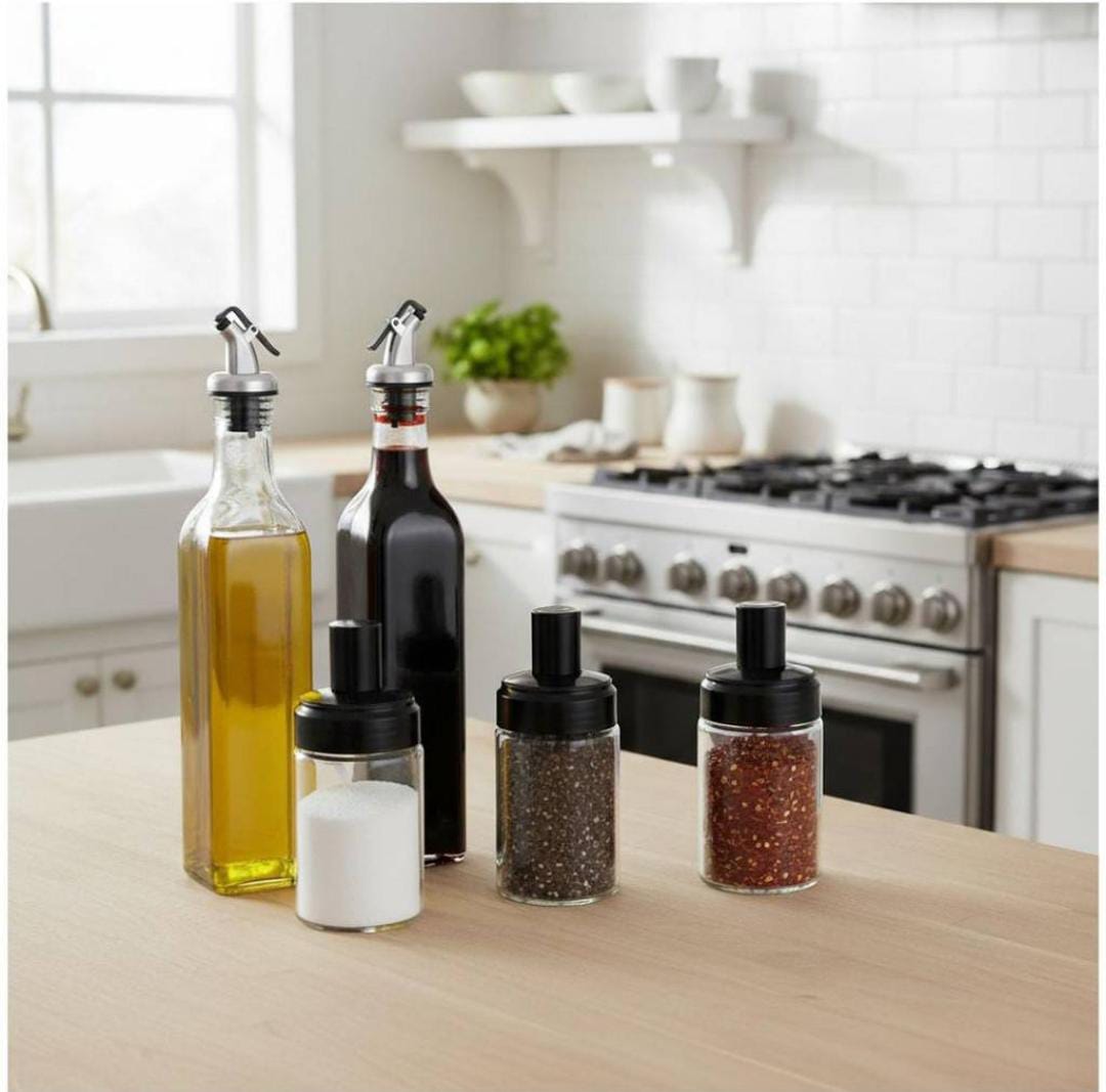 SET DISPENSADOR DE ACEITE, VINAGRE Y ESPECIAS CON FRASCOS HERMÉTICOS  COCINA PREMIUM - 3