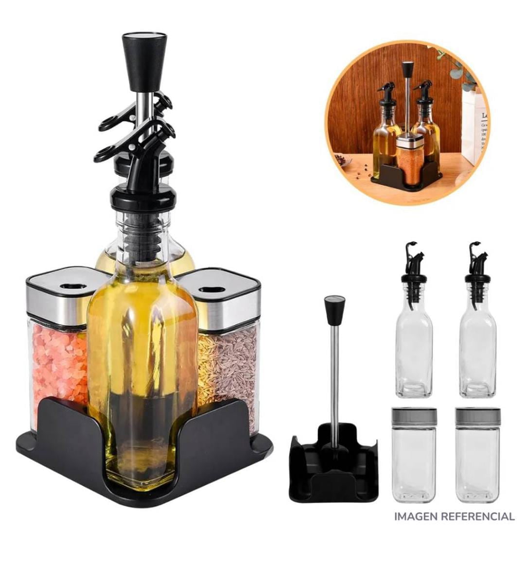 SET DISPENSADOR DE CONDIMENTOS CON BASE - ORGANIZADOR DE 5 PIEZAS PARA COCINA - 1