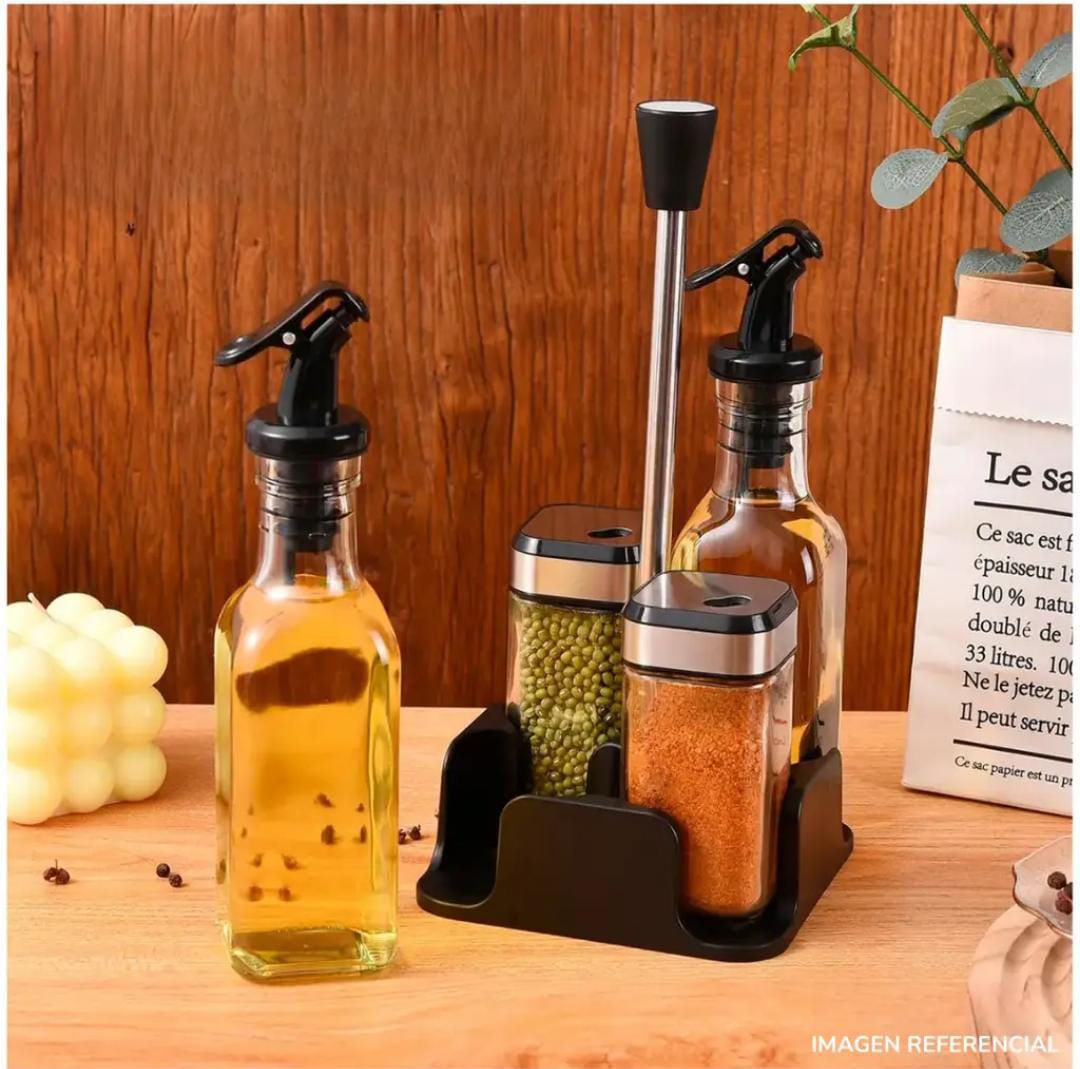 SET DISPENSADOR DE CONDIMENTOS CON BASE - ORGANIZADOR DE 5 PIEZAS PARA COCINA - 2