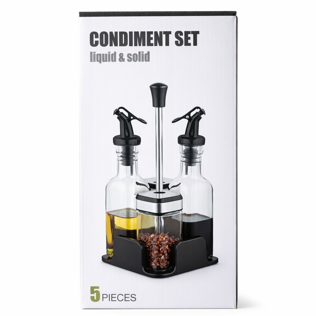 SET DISPENSADOR DE CONDIMENTOS CON BASE - ORGANIZADOR DE 5 PIEZAS PARA COCINA - 3