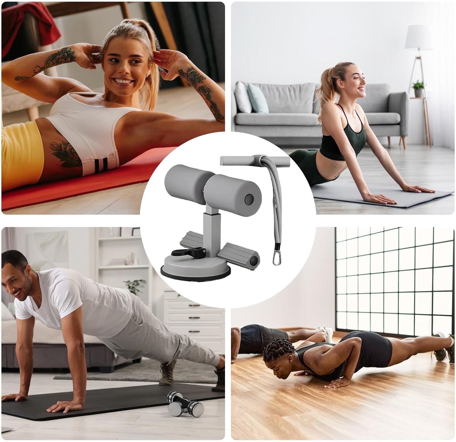 SOPORTE ABDOMINAL CON VENTOSAS Y LIGAS DE RESISTENCIA FITNESS  COLOR GRIS - 4